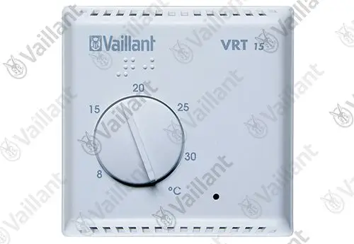 Vaillant Raumthermostat in Weiß mit Einstellknopf zur Temperaturregelung und Anzeige von Temperaturwerten in Celsius.